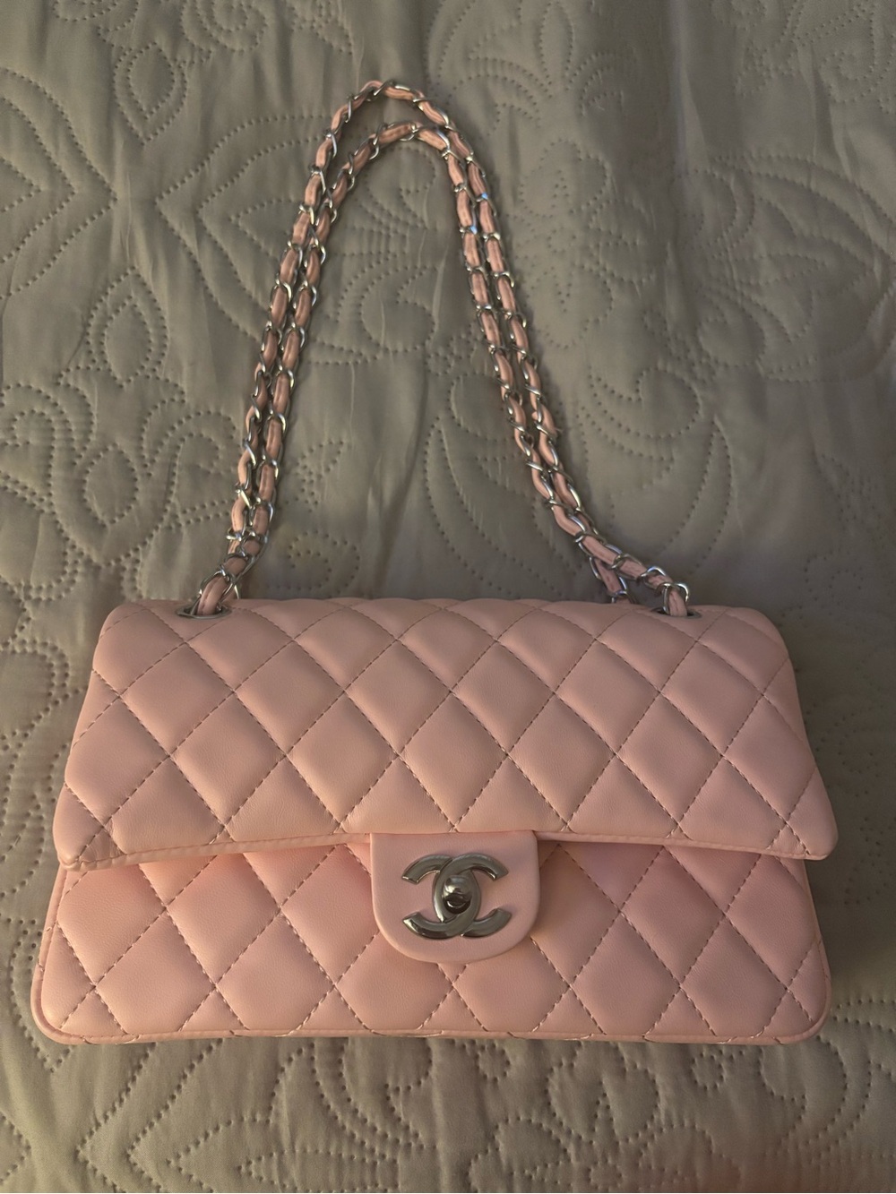 CC Pink Quilted Shoulder Flap Bag with Silver Chain in Perfect Condition Boy Bag